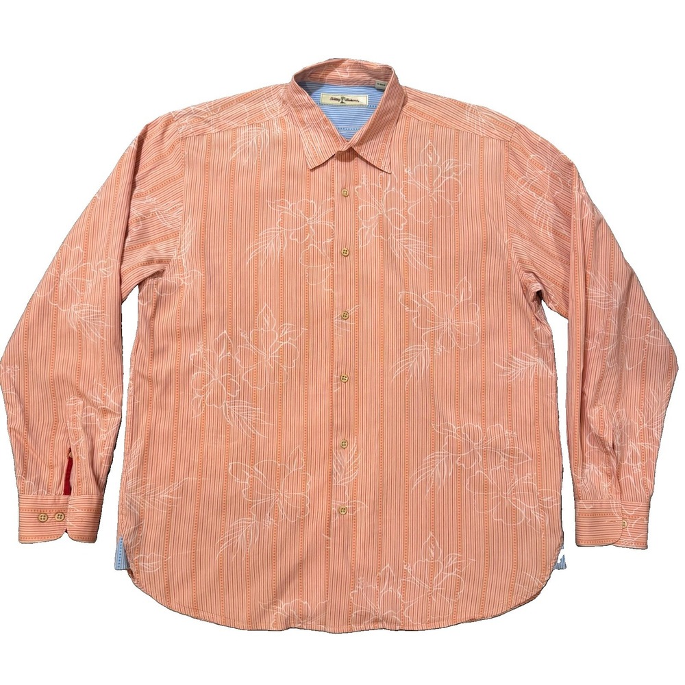 Tommy Bahama Men's L Orange Striped Floral Tropical Cotton Long Sleeve Button Up